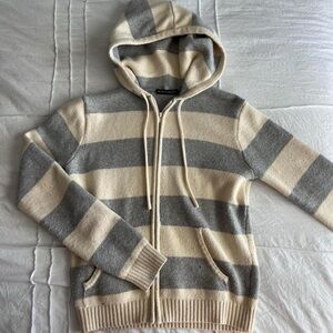 Brandy Melville Gray and Cream Striped Hoodie Sweater